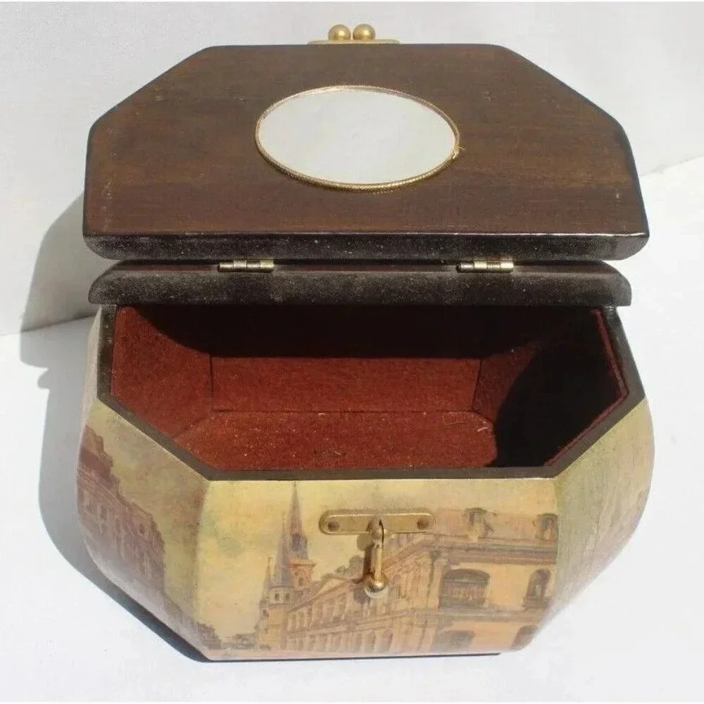 Vintage 1970s Victorian Cottage Octagon Wood Box Purse W/ Handles